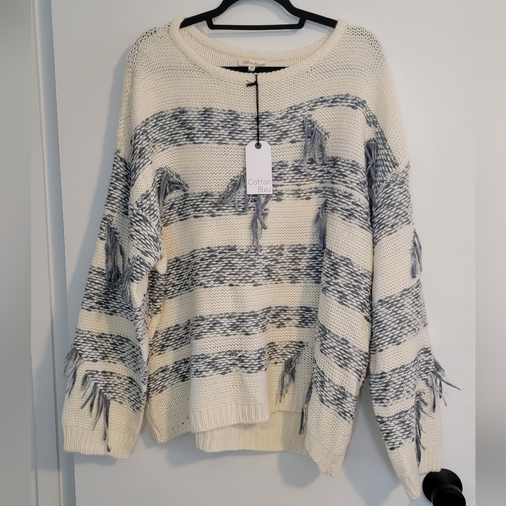 NWT Cotton Bleu Cream & Blue Shaggy Loose Knit Sweater XL